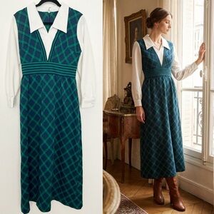 Vintage 70s Green & White Plaid Cottagecore Collared Maxi Dress.